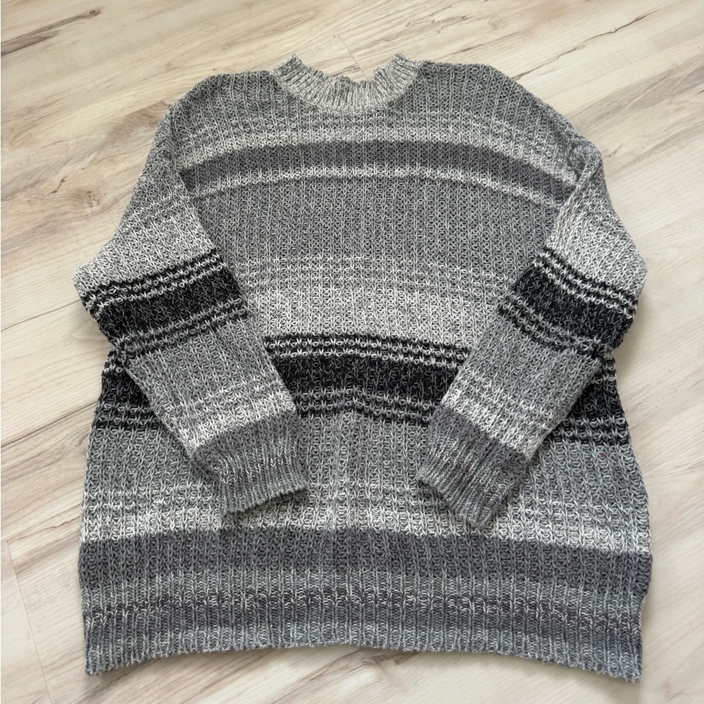 American Eagle Outfitters Oversized Gray & Black Striped Crewneck Sweater